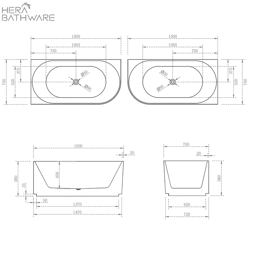 Brighton Groove Corner Bathtub Corner to Right - Hera Bathware1500mm / RIGHTGloss White