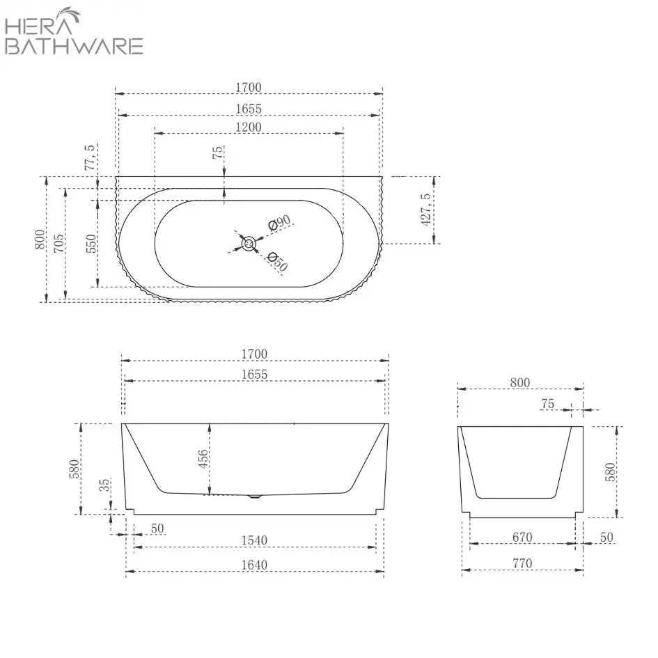 Brighton Groove Fluted Back to Wall Bath Matte Black - Hera Bathware1500mmMatte Black