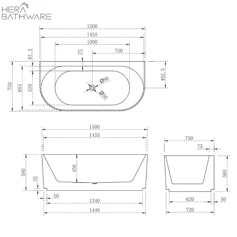 Brighton Groove Fluted Back to Wall Bath - Hera Bathware1500mmGloss White