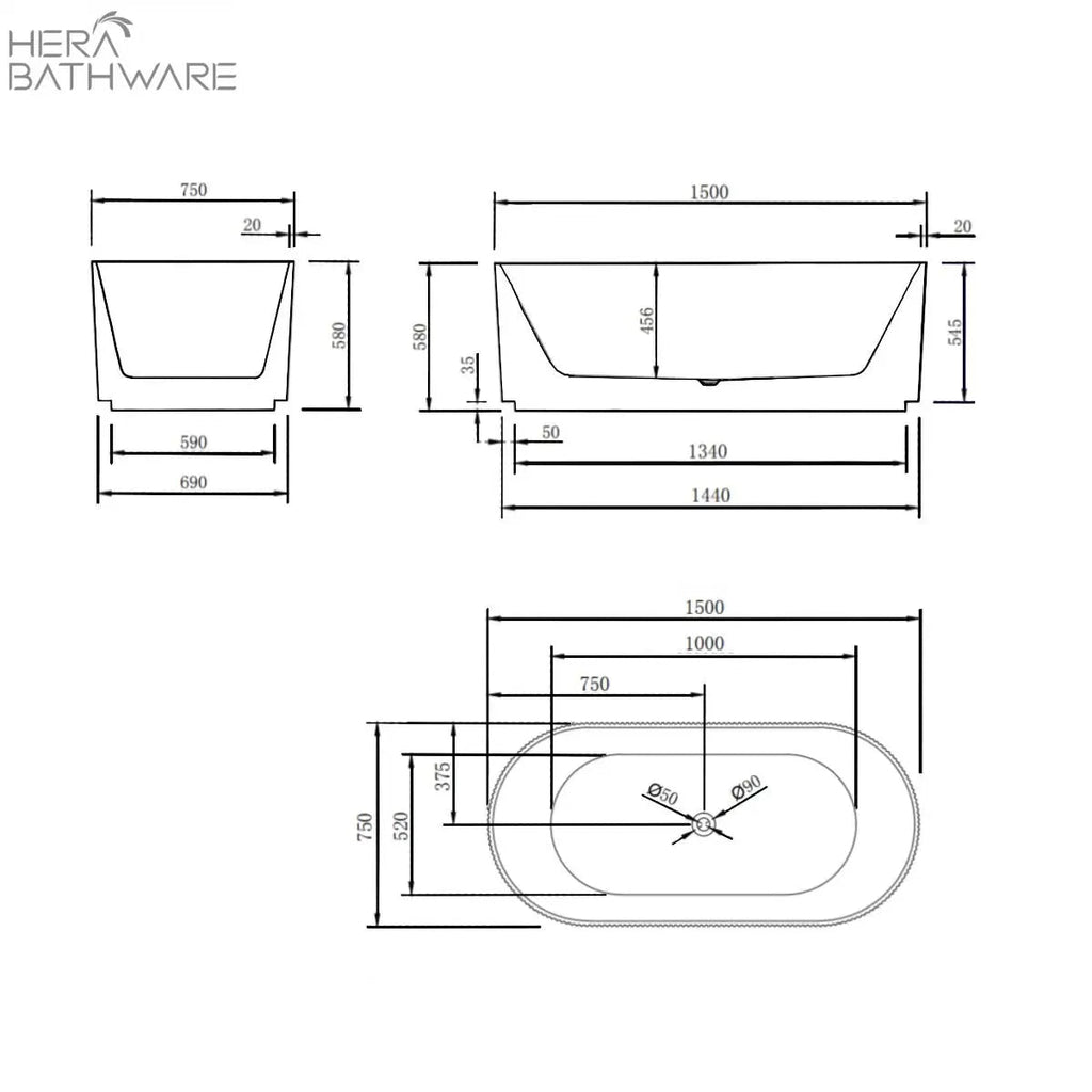 Brighton Groove Free Standing Oval Bathtub Matte Black - Hera Bathware1500mmMatte Black