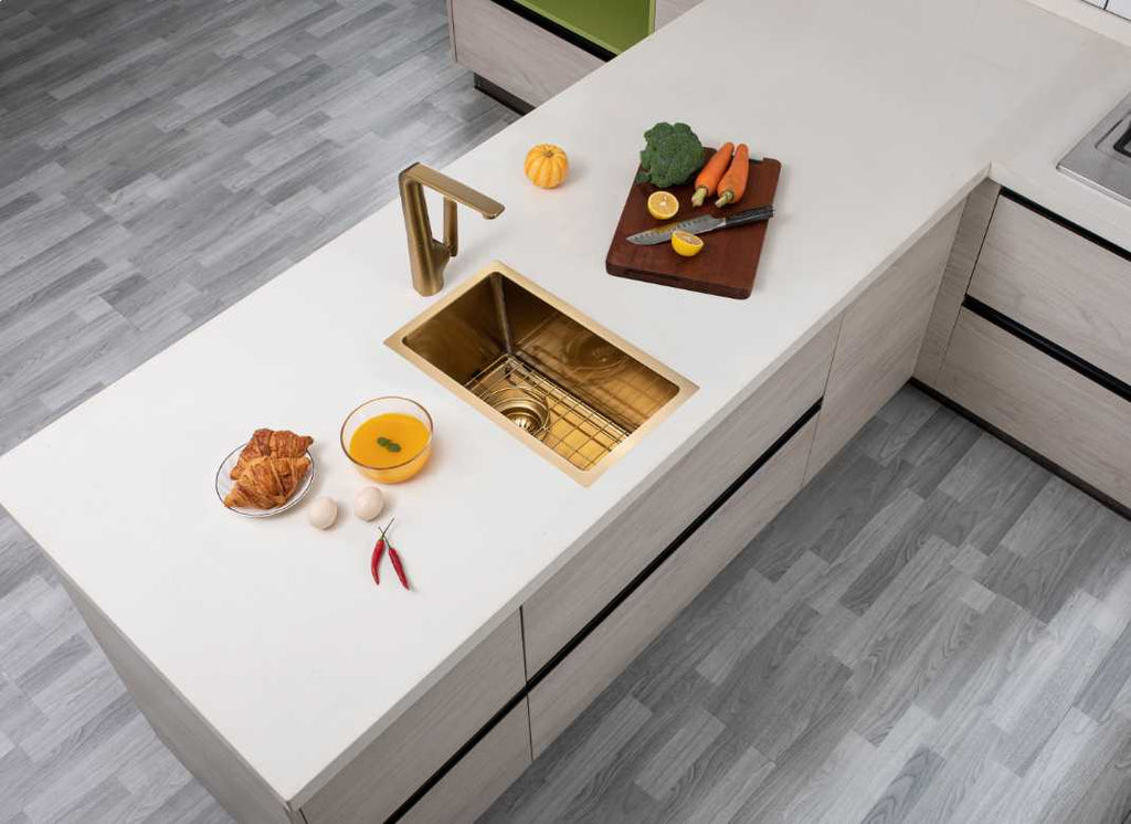 Brushed Gold 250x450x215mm 1.2mm Handmade Top/Undermount Single Bowl Kitchen Sink - Hera BathwareBrushed Gold