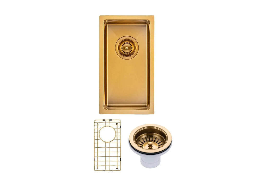 Brushed Gold 250x450x215mm 1.2mm Handmade Top/Undermount Single Bowl Kitchen Sink - Hera BathwareBrushed Gold