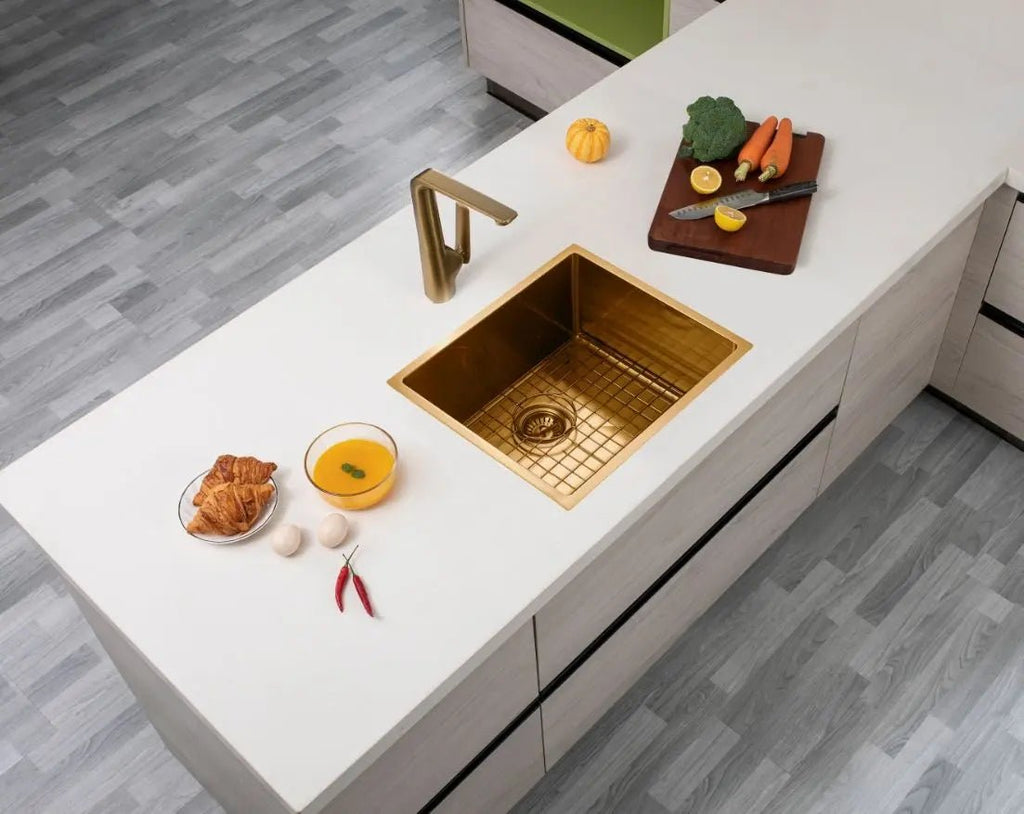 Brushed Gold 440x440x205mm Satin Stainless Steel Handmade Single Bowl Sink for Flush Mount and Undermount - Hera BathwareBrushed Gold