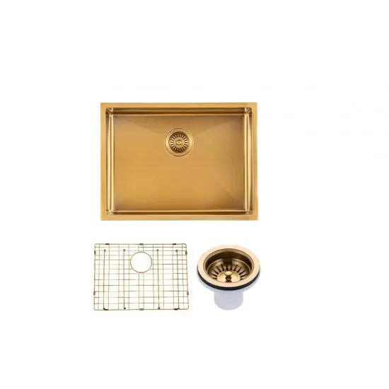 Brushed Gold 600x450x300mm 1.2mm Handmade Top/Undermount Single Bowl Kitchen/Laundry Sink - Hera BathwareBrushed Gold