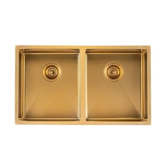 Brushed Gold 770x450x215mm 1.2mm Handmade Top/Undermount Double Bowls Kitchen Sink - Hera BathwareBrushed Gold