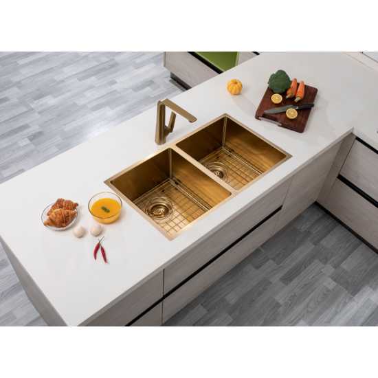 Brushed Gold 820x457x230mm 1.2mm Handmade Top/Undermount Double Bowls Kitchen Sink - Hera BathwareBrushed Gold
