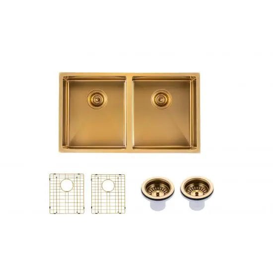 Brushed Gold 820x457x230mm 1.2mm Handmade Top/Undermount Double Bowls Kitchen Sink - Hera BathwareBrushed Gold