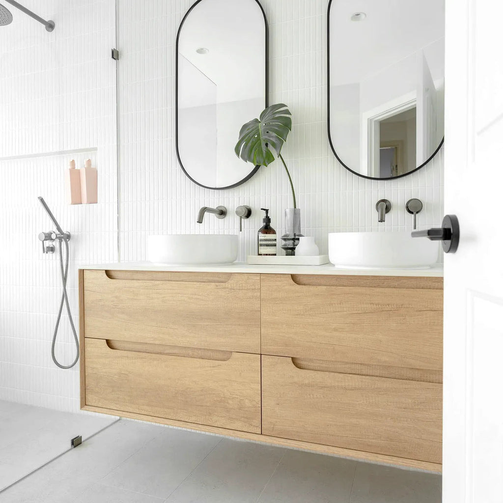 Byron 600 - 1500mm Natural Oak Wall Hung Vanity - Hera Bathware X Otti BY1200NSTUD - MW - D | 1200mm Double BowlsMatte White Flat Stone Top