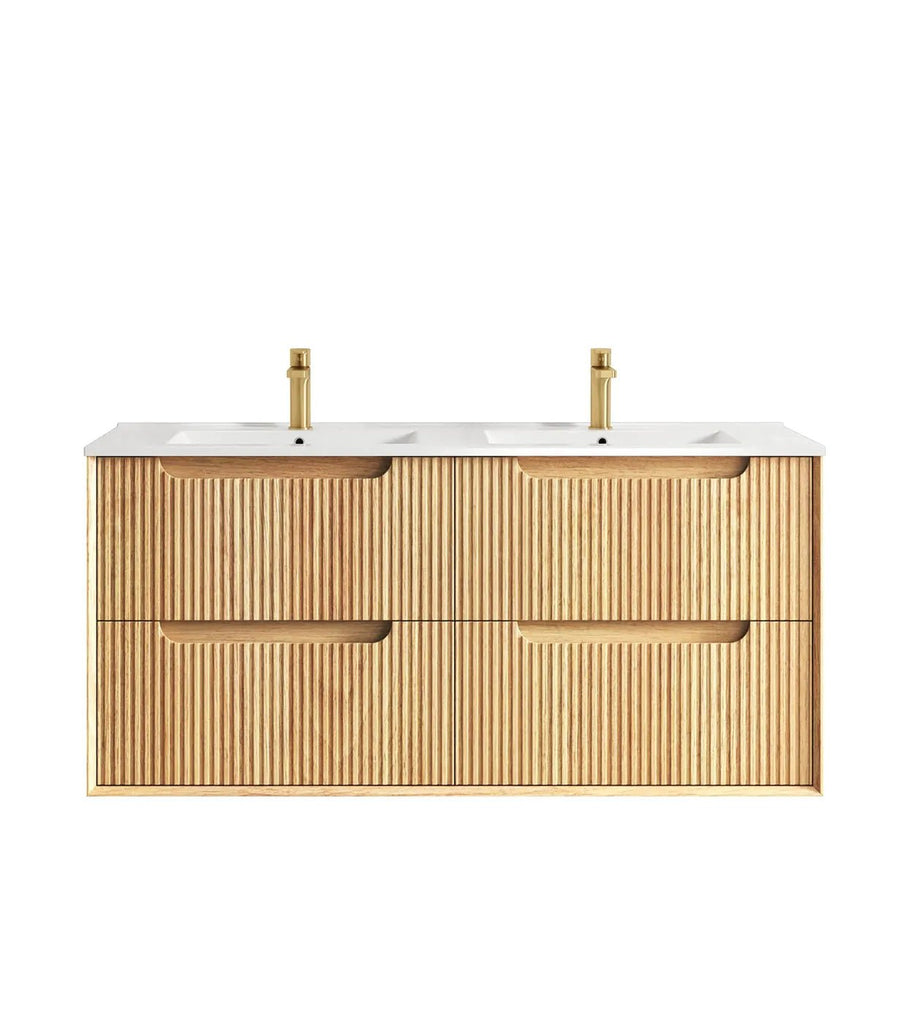 Byron Fluted 600 - 1500mm Woodland Oak Wall Hung Vanity - Hera Bathware X Otti BYW1200LCT - D | 1200mm Double BowlsCeramic Top
