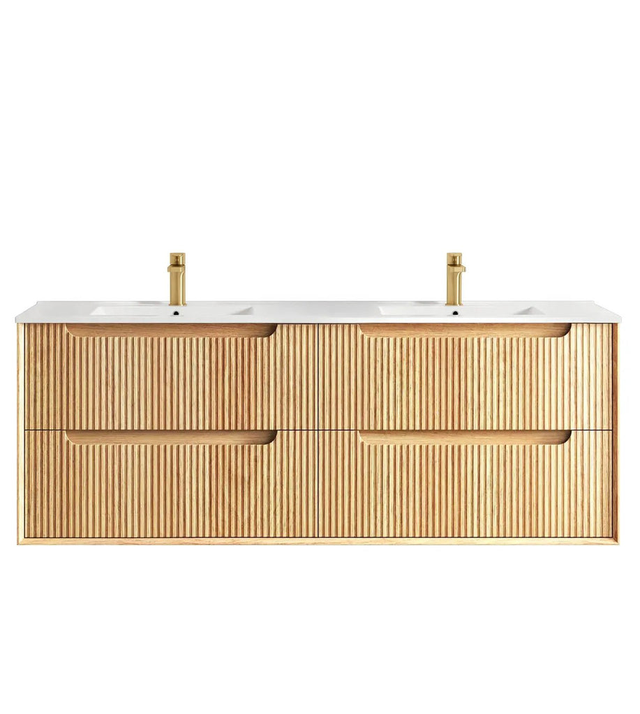 Byron Fluted 600 - 1500mm Woodland Oak Wall Hung Vanity - Hera Bathware X Otti BYW1500LCT | 1500mm Double BowlsCeramic Top