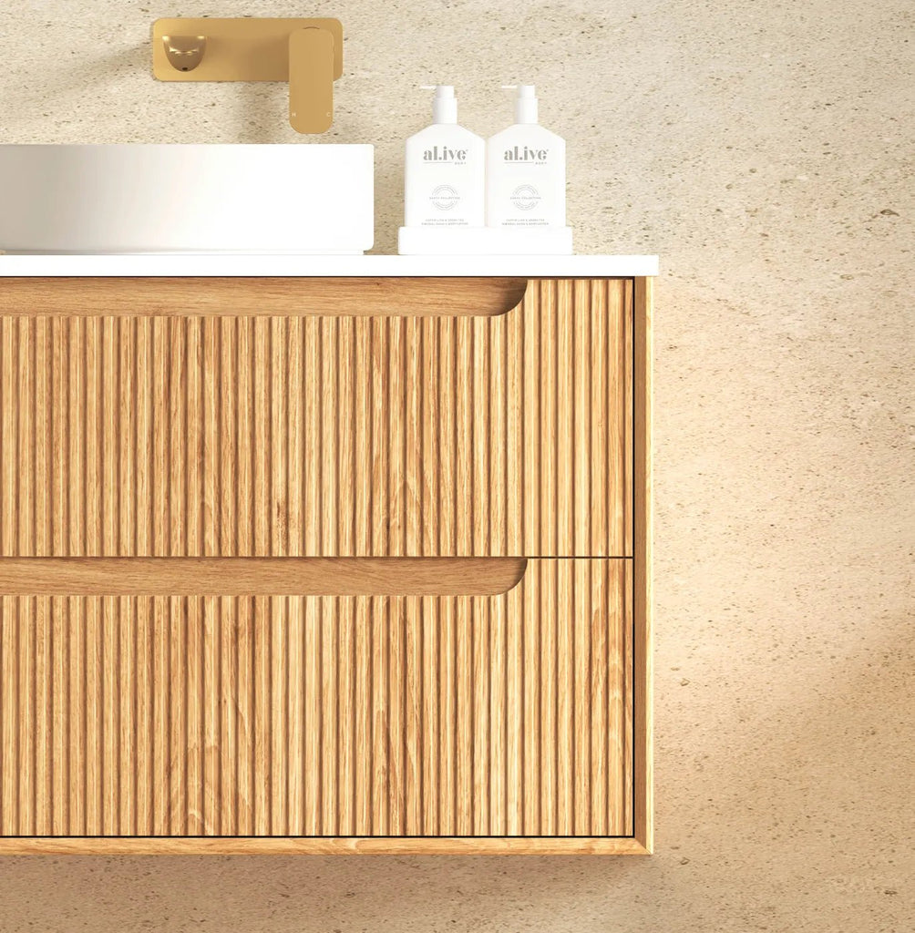 Byron Fluted 600 - 1500mm Woodland Oak Wall Hung Vanity - Hera Bathware X Otti BYW600LCT | 600mmCeramic Top