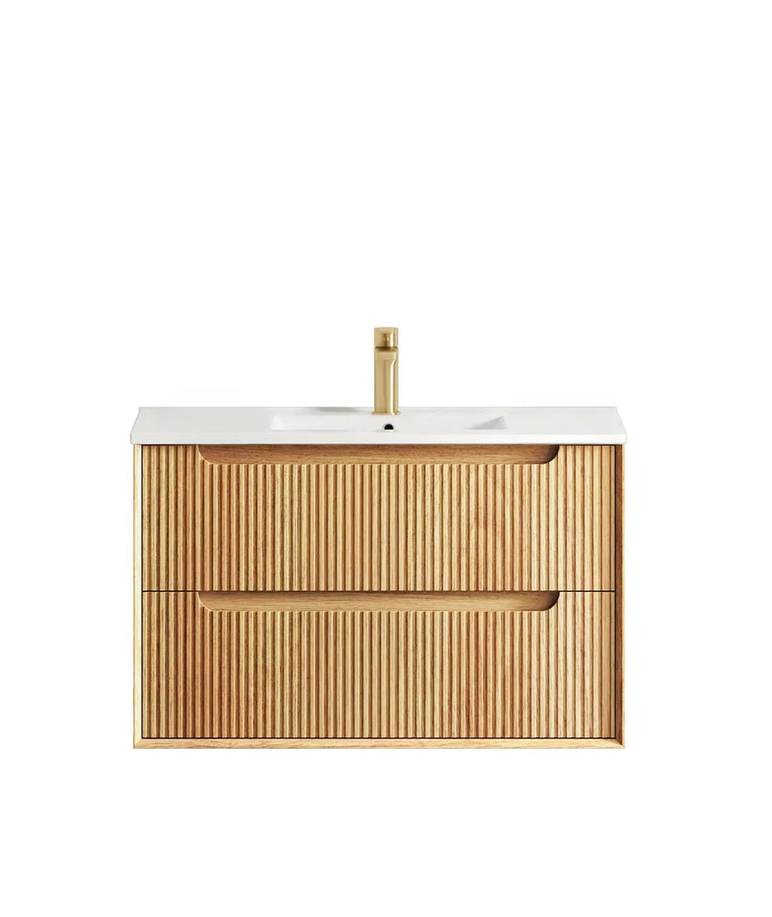 Byron Fluted 600 - 1500mm Woodland Oak Wall Hung Vanity - Hera Bathware X Otti BYW900LCT | 900mmCeramic Top