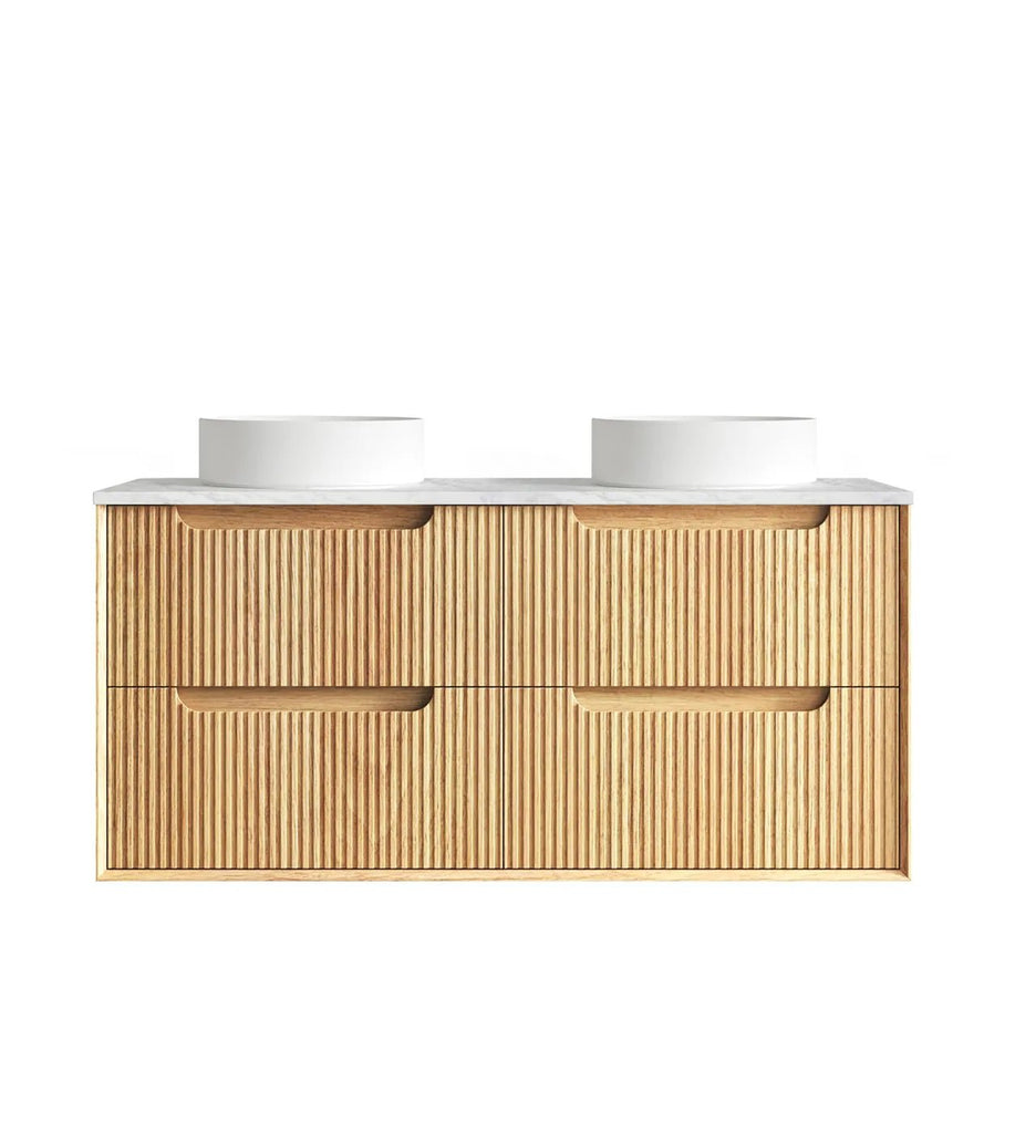 Byron Fluted 600 - 1500mm Woodland Oak Wall Hung Vanity - Hera Bathware X Otti BYW1200LSTUD - CA - D | 1200mm Double BowlsCloudy Carrara Flat Stone Top