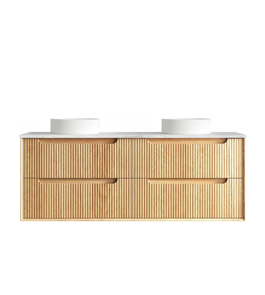 Byron Fluted 600 - 1500mm Woodland Oak Wall Hung Vanity - Hera Bathware X Otti BYW1500LSTUD - CA | 1500mm Double BowlsCloudy Carrara Flat Stone Top