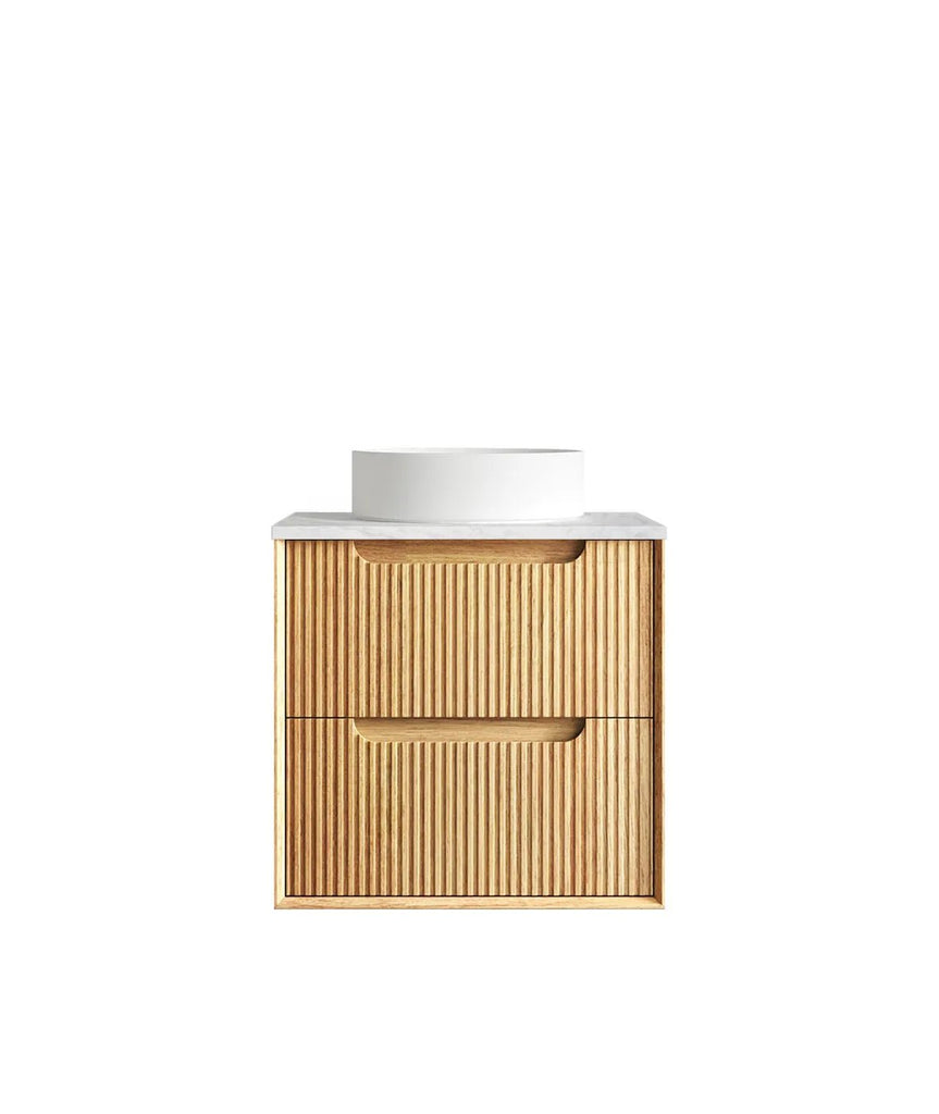 Byron Fluted 600 - 1500mm Woodland Oak Wall Hung Vanity - Hera Bathware X Otti BYW600LSTUD - CA | 600mmCloudy Carrara Flat Stone Top