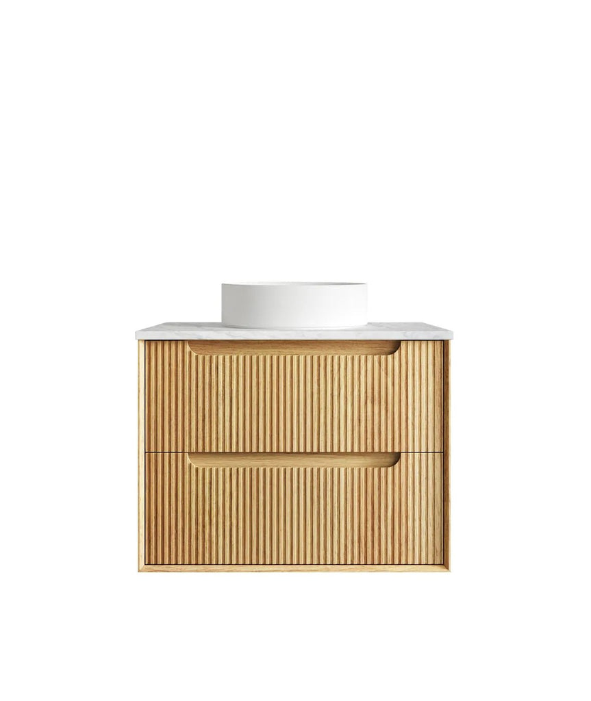 Byron Fluted 600 - 1500mm Woodland Oak Wall Hung Vanity - Hera Bathware X Otti BYW750LSTUD - PW | 750mmCloudy Carrara Flat Stone Top