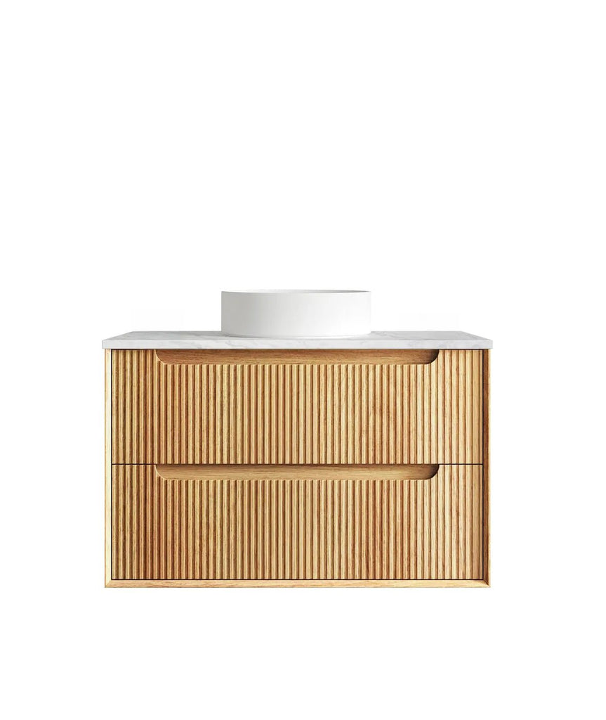 Byron Fluted 600 - 1500mm Woodland Oak Wall Hung Vanity - Hera Bathware X Otti BYW900LSTUD - PW | 900mmCloudy Carrara Flat Stone Top