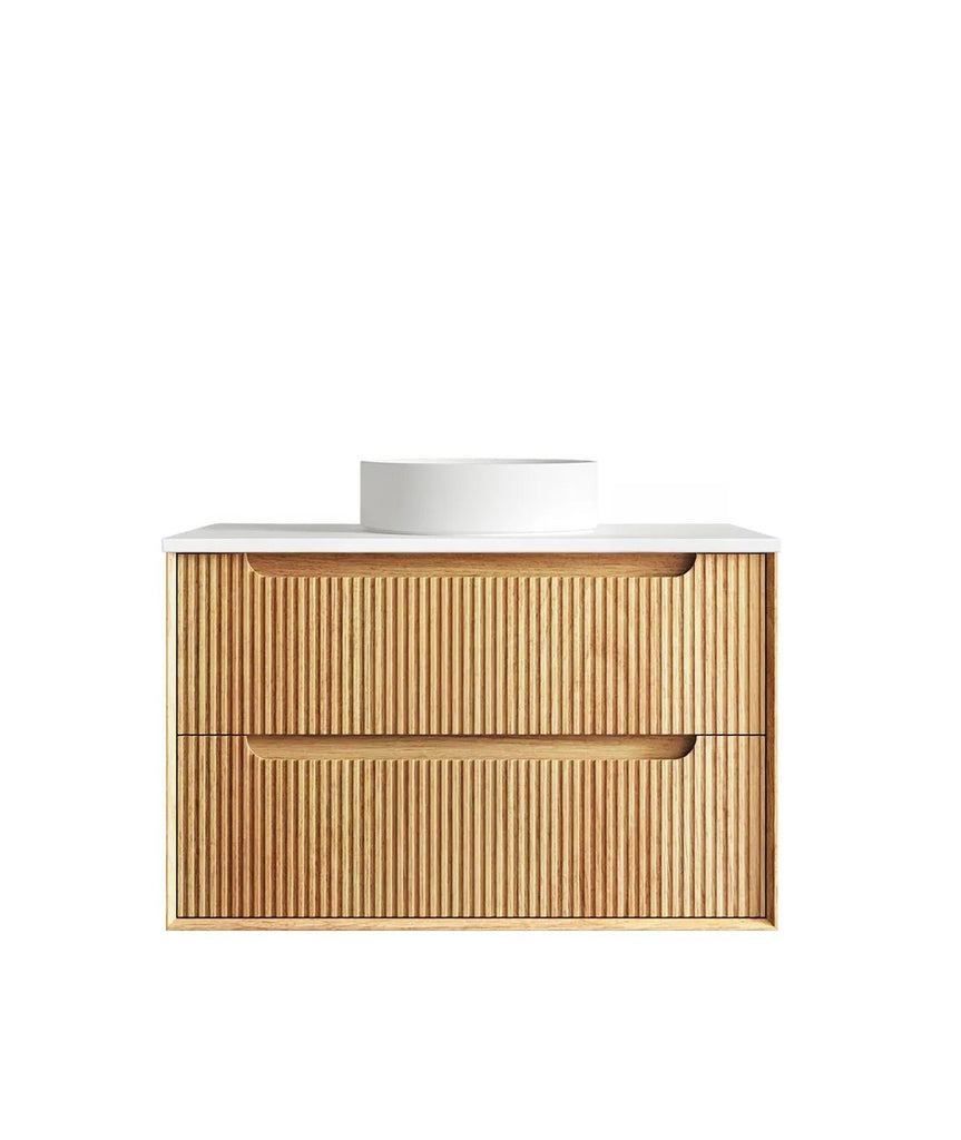 Byron Fluted 600 - 1500mm Woodland Oak Wall Hung Vanity - Hera Bathware X Otti BYW900LSTUD - MW | 900mmMatte White Flat Stone Top