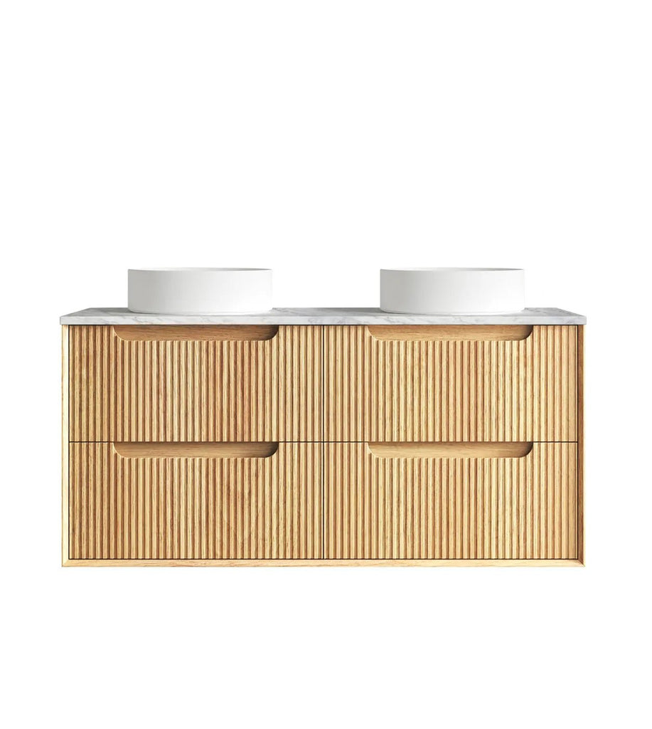 Byron Fluted 600 - 1500mm Woodland Oak Wall Hung Vanity - Hera Bathware X Otti BYW1200LSTUD - NCA - D | 1200mm Double BowlsNatural Carrara Marble Flat Stone Top