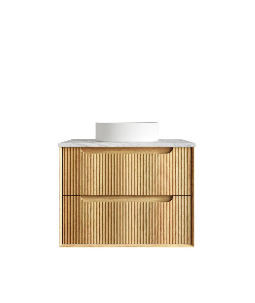 Byron Fluted 600 - 1500mm Woodland Oak Wall Hung Vanity - Hera Bathware X Otti BYW750LSTUD - NCA - UB | 750mmNatural Carrara Marble Flat Stone Top