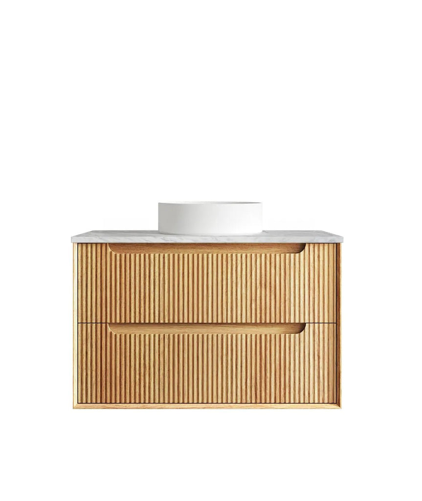 Byron Fluted 600 - 1500mm Woodland Oak Wall Hung Vanity - Hera Bathware X Otti BYW900LSTUD - NCA - UB | 900mmNatural Carrara Marble Flat Stone Top