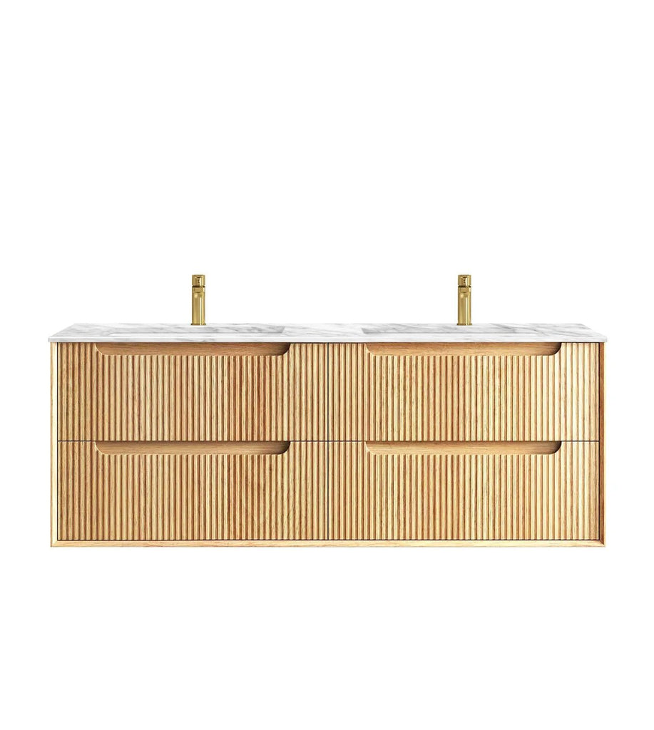 Byron Fluted 600 - 1500mm Woodland Oak Wall Hung Vanity - Hera Bathware X Otti BYW1500LSTUD - NCA - UB | 1500mm Double BowlsNatural Carrara Marble Undermount Basin