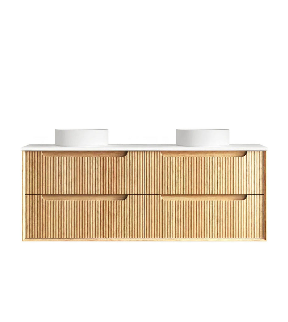 Byron Fluted 600 - 1500mm Woodland Oak Wall Hung Vanity - Hera Bathware X Otti BYW1500LSTUD - PW | 1500mm Double BowlsPure White Flat Stone Top