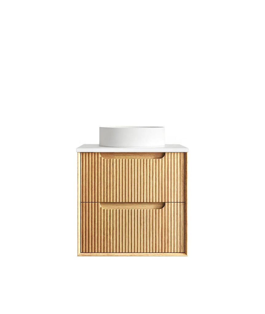 Byron Fluted 600 - 1500mm Woodland Oak Wall Hung Vanity - Hera Bathware X Otti BYW600LSTUD - PW | 600mmPure White Flat Stone Top