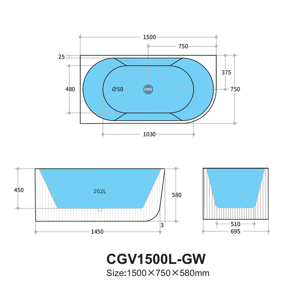 Capri Groove Corner Bathtub Corner to Left - Hera Bathware1500mm / LEFTGloss White