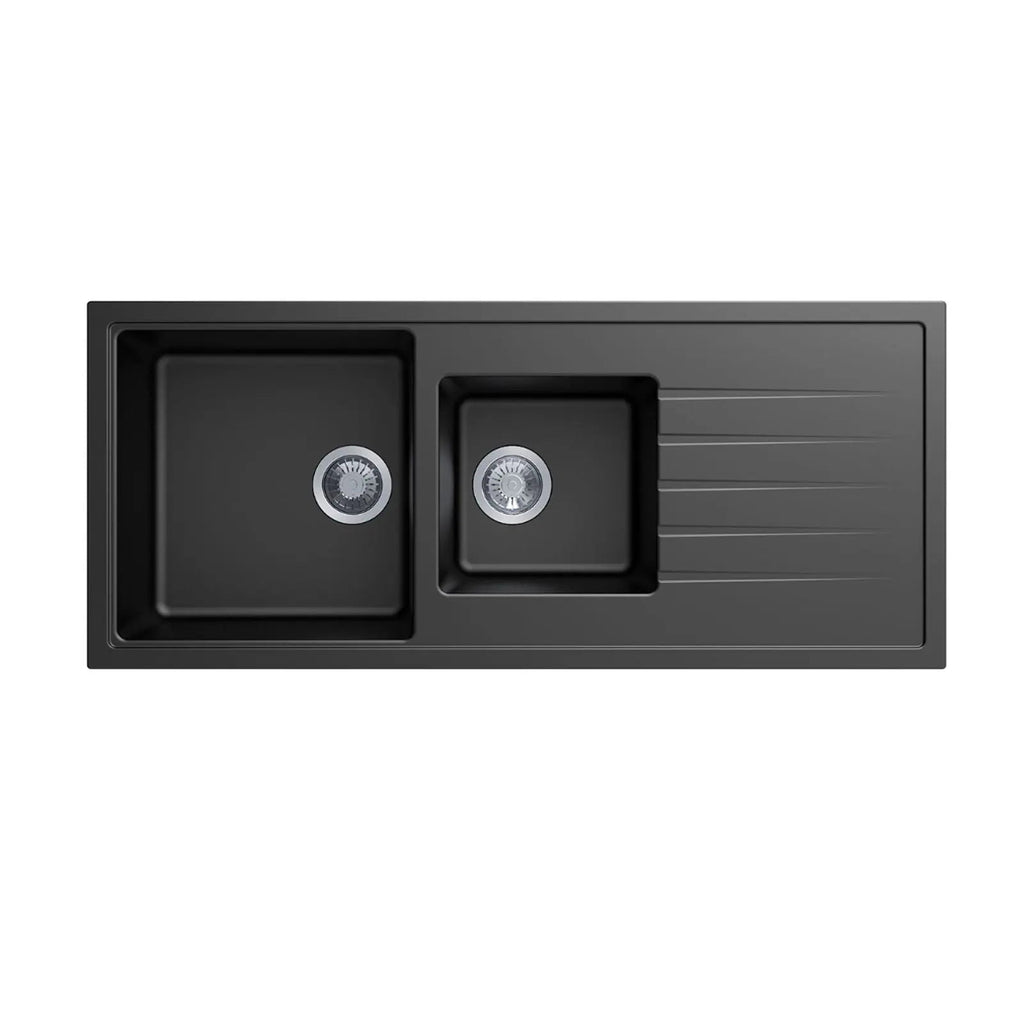 Carysil Serise | 1160mm Black 1 and A Half Bowl With Drainer Board Granite Kitchen Sink Top/Flush/Under Mount - Hera BathwareBlack