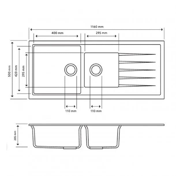 Carysil Serise | 1160mm Black 1 and A Half Bowl With Drainer Board Granite Kitchen Sink Top/Flush/Under Mount - Hera BathwareBlack