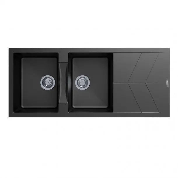 Carysil Serise | 1160mm Double Bowl Drainer Board Granite Kitchen Sink Top/Flush/Under Mount - Hera BathwareBlack Granite Quartz Stone