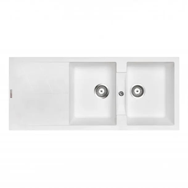 Carysil Serise | 1160mm Double Bowl Drainer Board Granite Kitchen Sink Top/Flush/Under Mount - Hera BathwareWhite Granite Quartz Stone