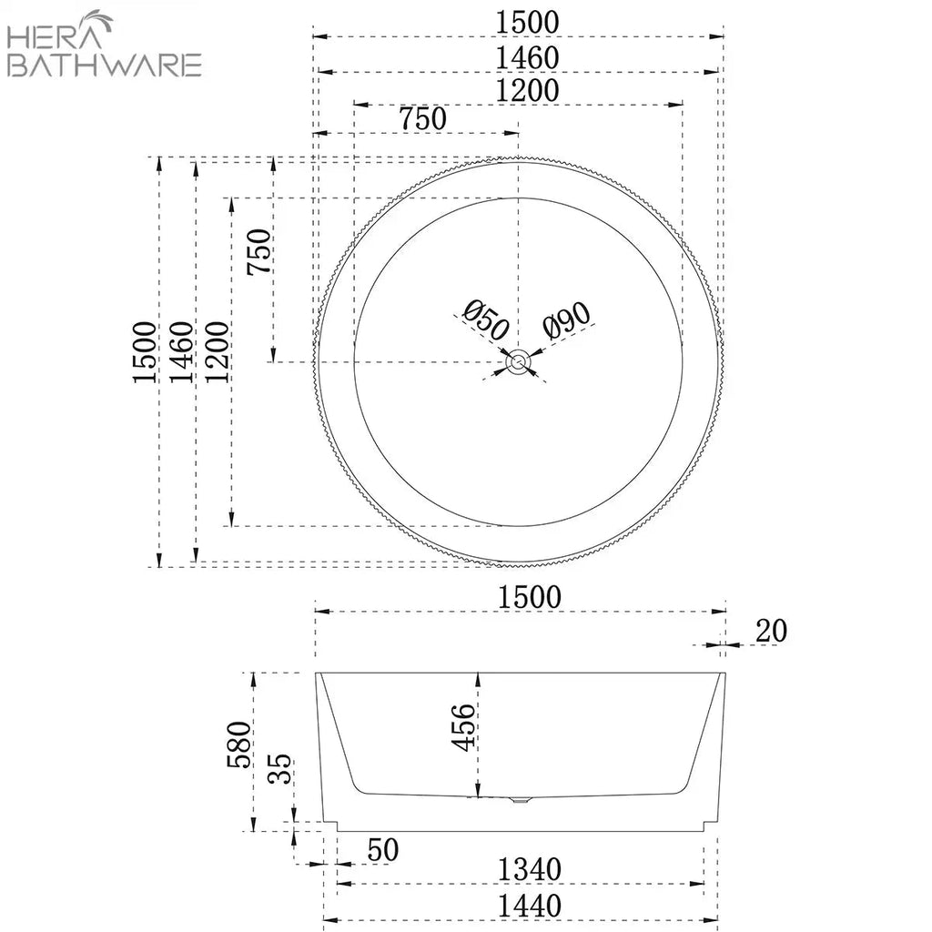 CETO Como Round Free Standing Bathtub - Hera Bathware1200mmNo Overflow