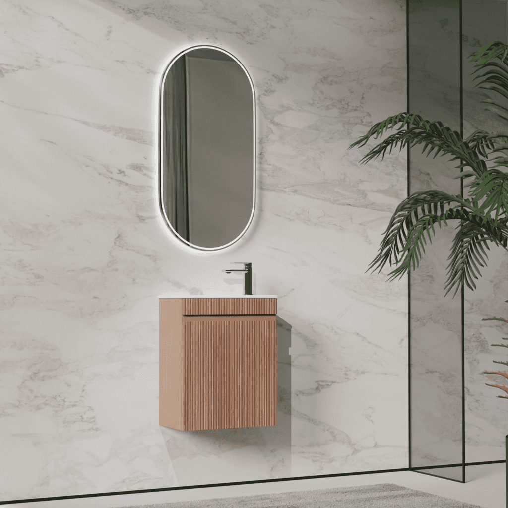 Compact Wall Hung Mini Vanity 460mm - Hera BathwareNatural Oak FlutedCabinet Only