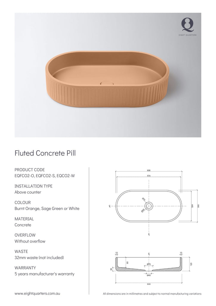 Concrete Fluted Pill Above Counter Basin | Eight Quarter | EQFCO2 - Hera BathwareWhite