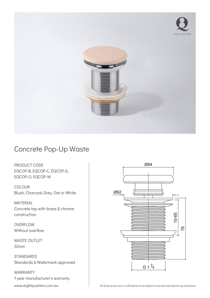 Concrete Pop Up Waste | Eight Quarter | EQCOP & EQFCP - Hera BathwareCharcoal
