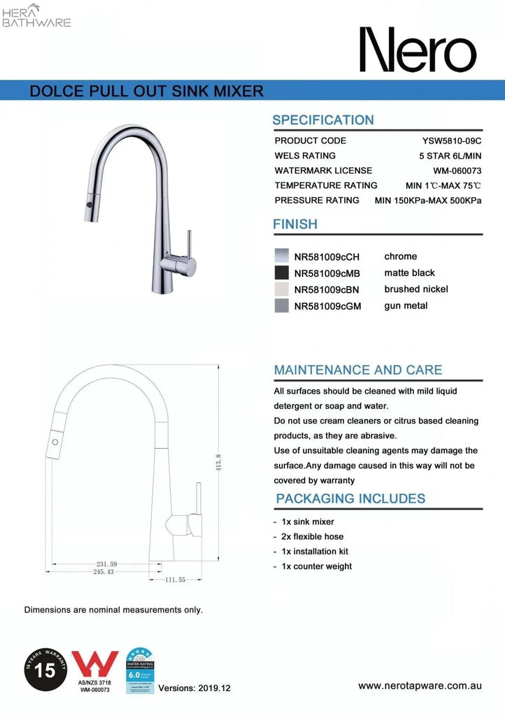 DOLCE Pull - Out Sink Mixer with Vegie spray function - Hera BathwareGun Metal