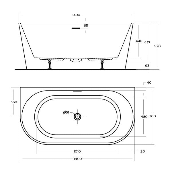 Eco Bath Tub Back to Wall & Corner Bath | Oceano - Hera Bathware1400mmRight Hand Option