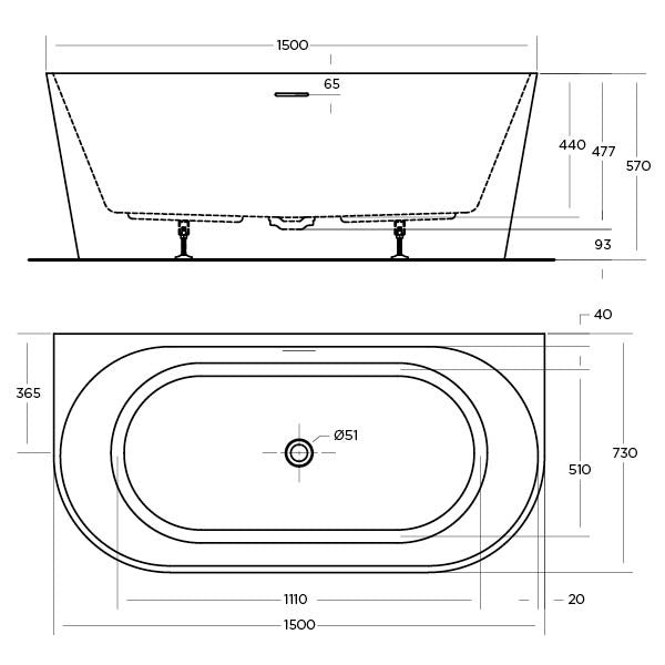 Eco Bath Tub Back to Wall & Corner Bath | Oceano - Hera Bathware1400mmRight Hand Option