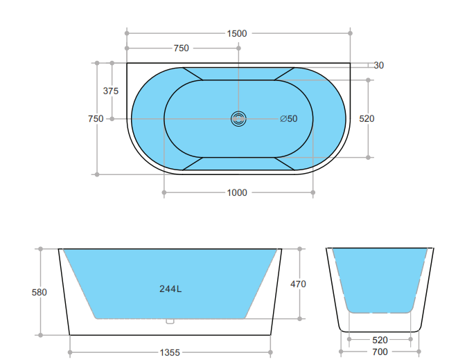 Elivia Back to Wall Bathtub (Overflow/No Overflow) - Hera BathwareMatte White1700mm