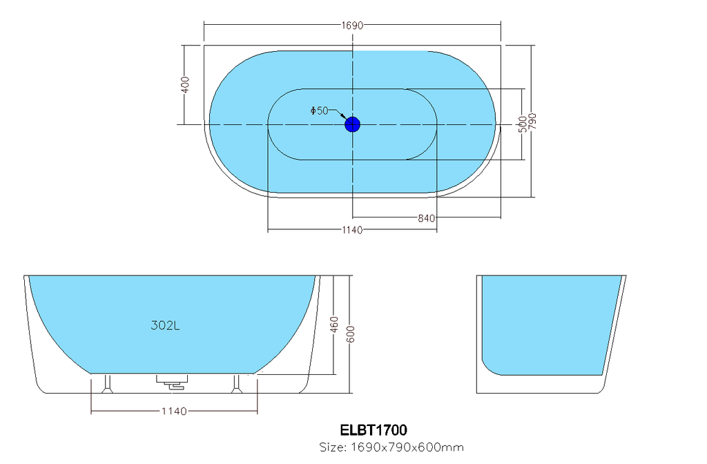 Elivia Back to Wall Bathtub (Overflow/No Overflow) - Hera BathwareMatte White1700mm