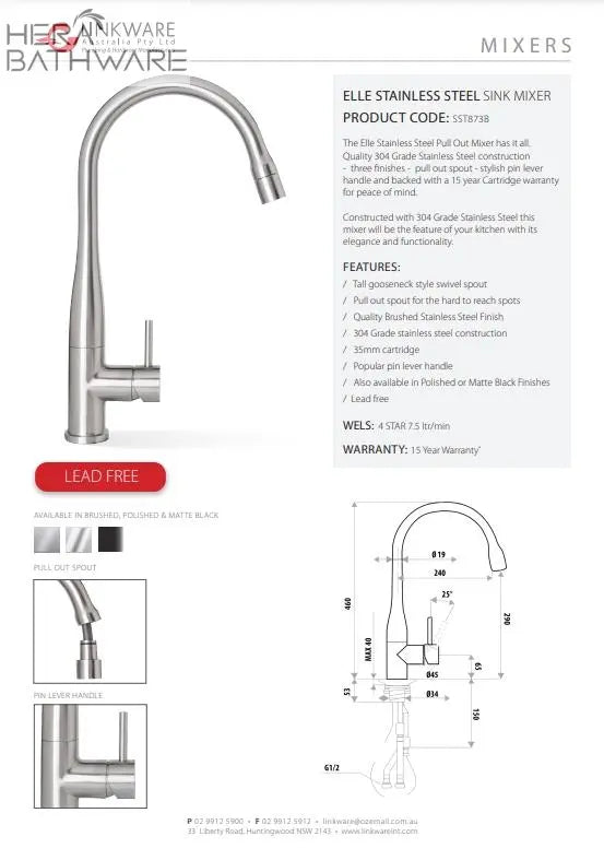 ELLE Pull Out Kitchen Mixer - 304 Polished Stainless - Hera BathwareStainless Steel