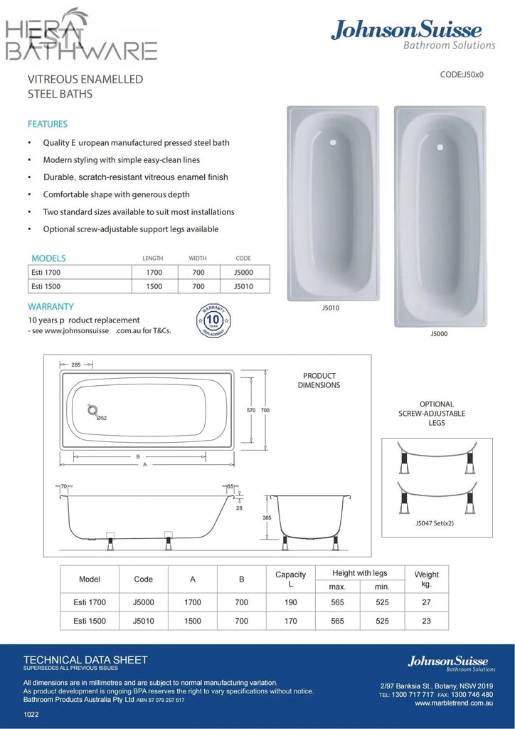 Esti Bath 1500mm Pressed Steel Enamelled - Hera Bathware