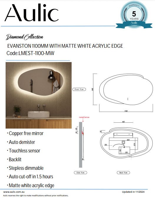 Evanston 1100mm Acrylic Edge - Hera BathwareMatte White