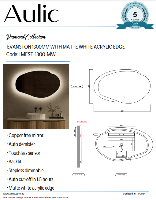 Evanston 1300mm Acrylic Edge - Hera BathwareMatte White