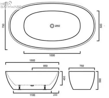 Evis Free Standing Bathtub - Matte Black - Hera BathwareMatte Black1500mm