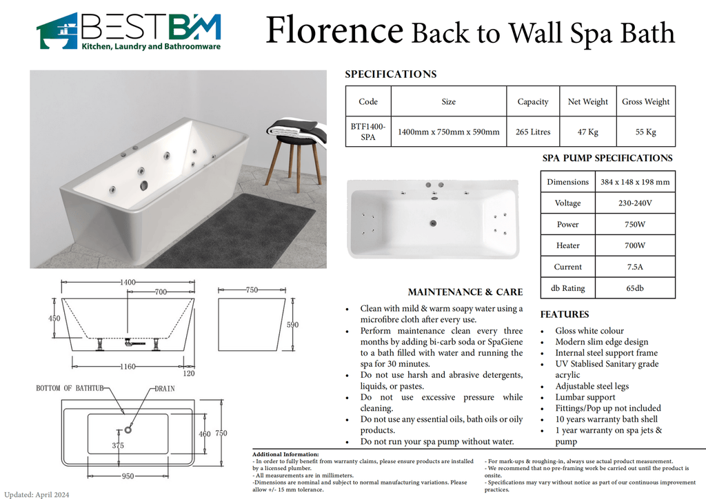 FLORENCE Back To Wall Spa Bathtub - Hera Bathware1500mmWhite
