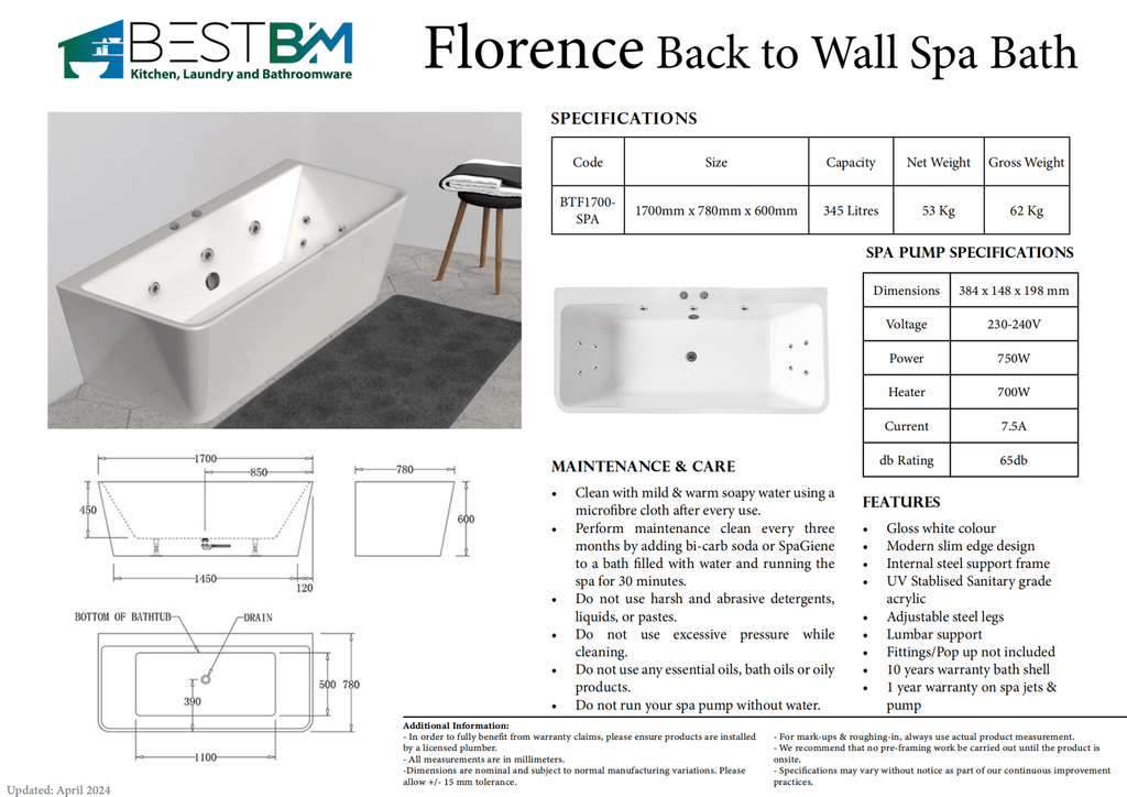 FLORENCE Back To Wall Spa Bathtub - Hera Bathware1500mmWhite