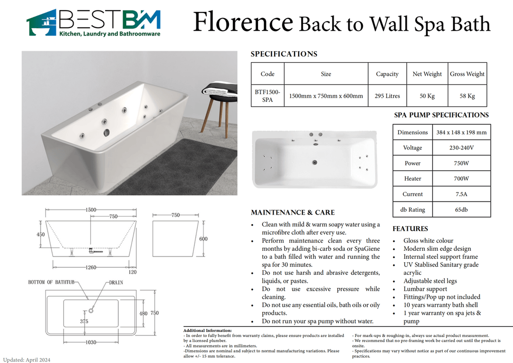 FLORENCE Back To Wall Spa Bathtub - Hera Bathware1500mmWhite